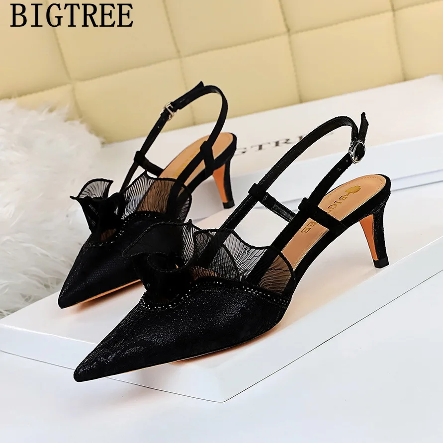 Туфли Bigtree женские на высоком каблуке с оборками черные 2022 | Обувь