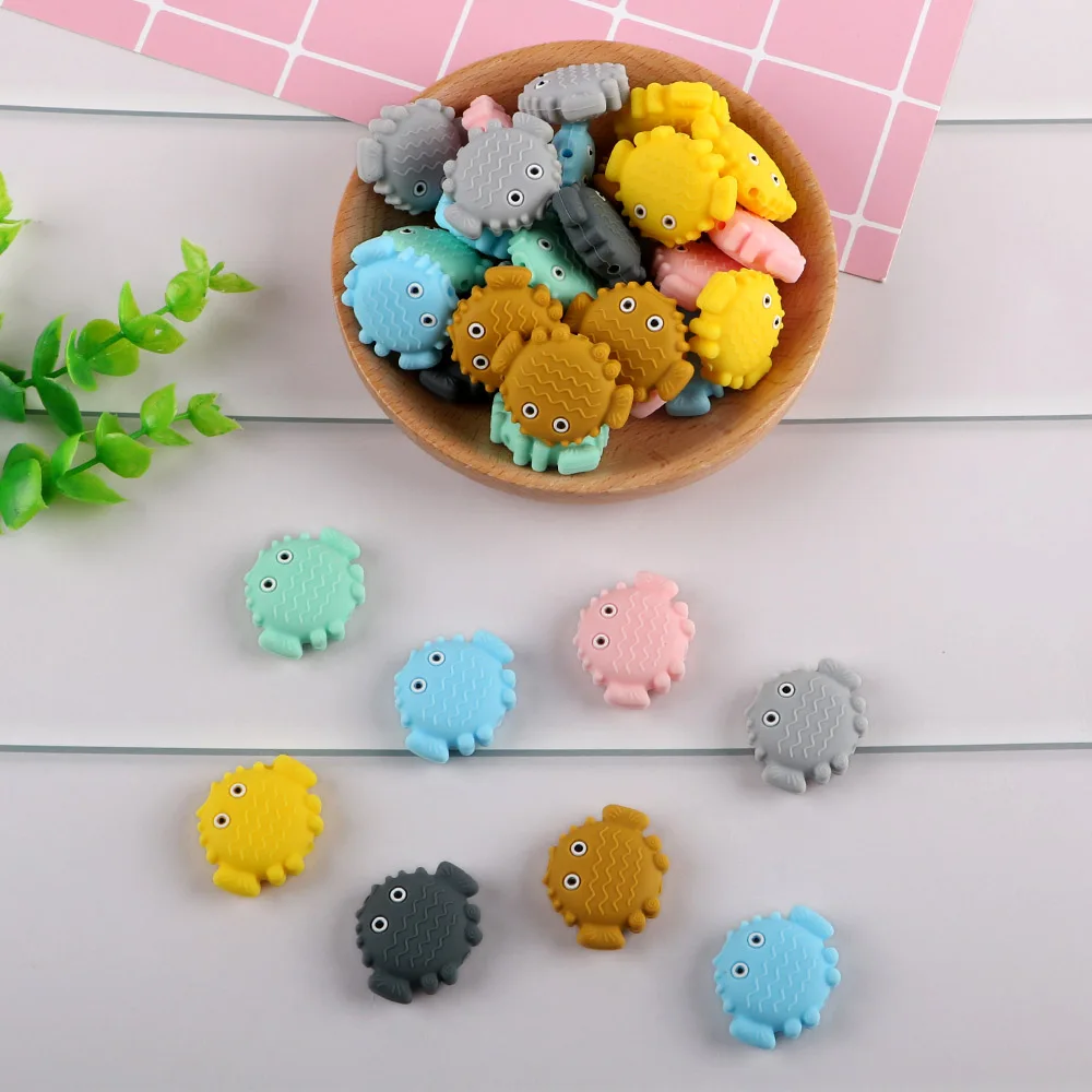 Kovict-Cuentas de silicona de dibujos animados de peces de mar, mordedor Molar para beb&eacute;, cadena de chupete, accesorios de joyer&iacute;a, juguetes de lactancia masticables, 10 Uds.-3