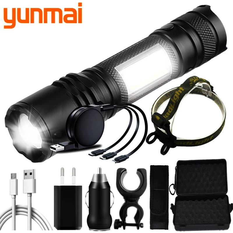 

XHP50.2 светодиодный фонарик со встроенным аккумулятором 18650 Usb, масштабируемый фонарик с внешним аккумулятором, налобный фонарь, жестсветильн...
