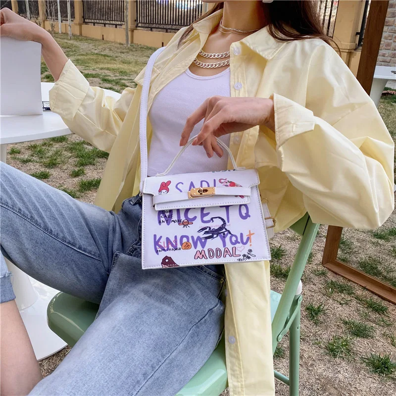 

Graffiti Cute Ladies Small Bag Temperament 2021 Summer Fashion Trend Women's Shoulder Messenger Bag PU Magnetic Buckle