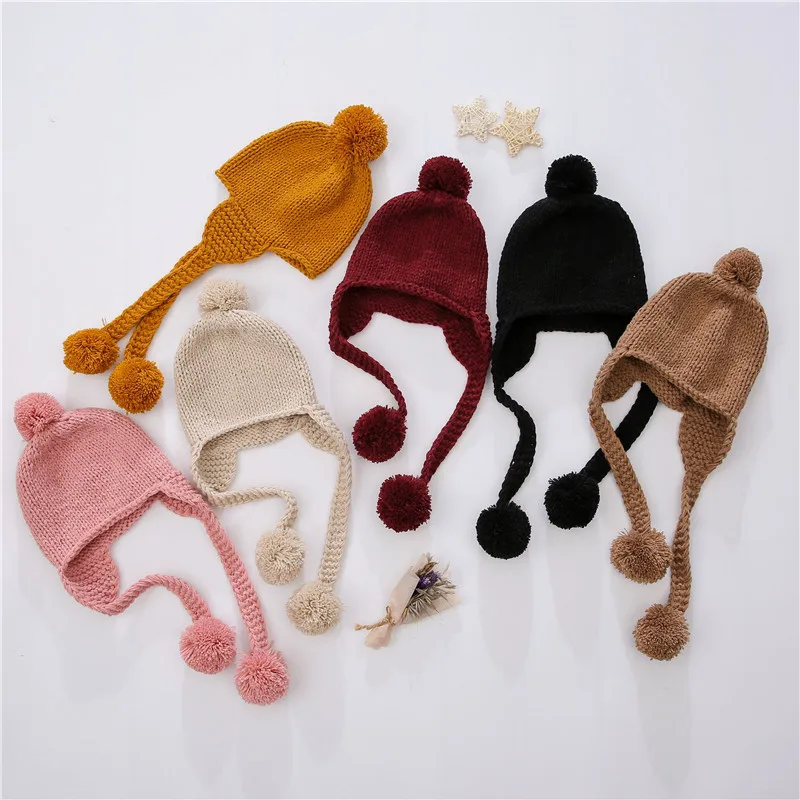 

Unisex Cute Solid Knitting Cap Winter Warm Knitted Hat with Earflap and Pompoms for 2-5 Y Boys Girls