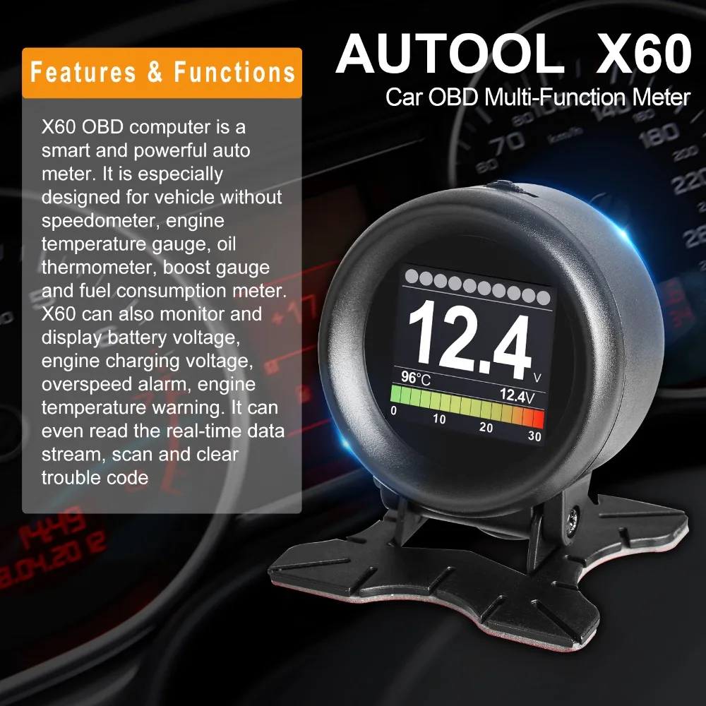 AUTOOL X60 OBD2 дисплей Спидометр Тахометр напряжение батареи Вода Масло Температура Датчик давления пробег Авто сканер HUD