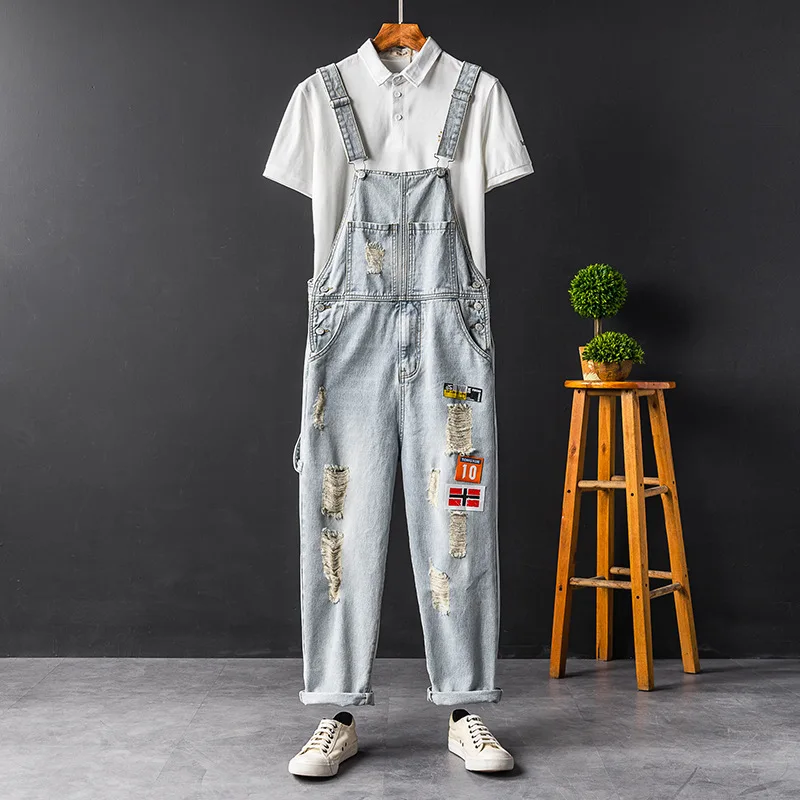 Ripped Patch Letter Men Denim Bib Overalls Loose Hip Hop Streetwear Jumpsuit Tattered Wide Leg Jeans Pants Freight Trousers