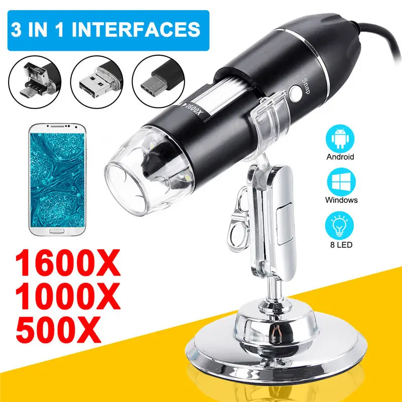 Цифровой микроскоп 500X 1000X 1600X 8 светодиодный 3 в 1 эндоскоп Micro USB Type c зум Лупа