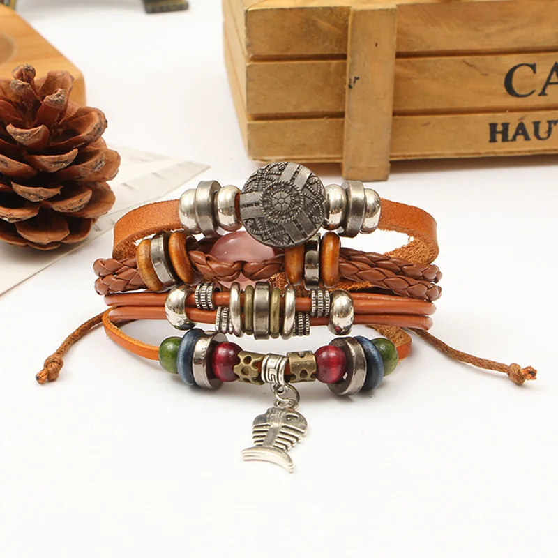 Винтажные подвеской Рыбы Череп Кожаный браслет для мужчин с отделкой бисером