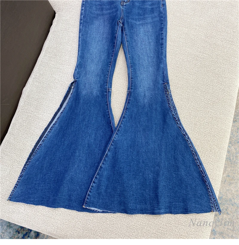 

Personalized Slit Big Flared High Waist Jeans for Women 2021 Spring Summer New Girls Ladies All-Matching Denim Pants Blue Black