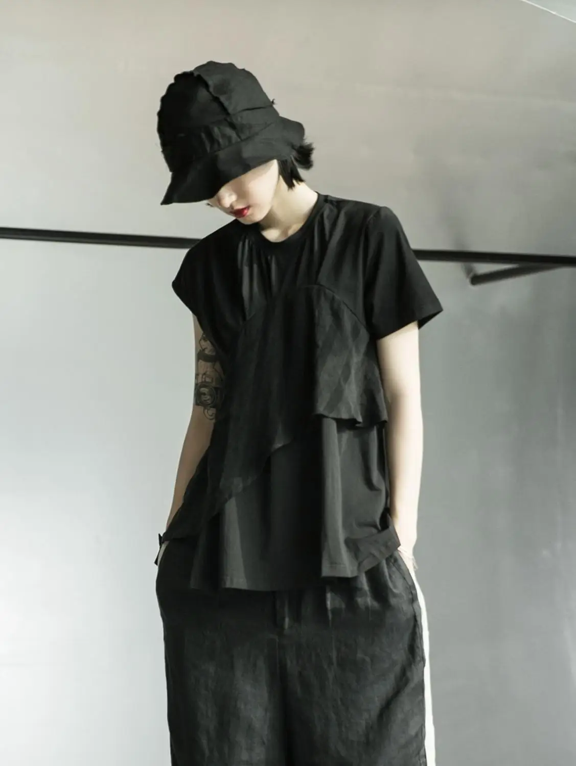 

Original designer YS yamamoto style slim waist cotton hemp patchwork short-sleeved t-shirt