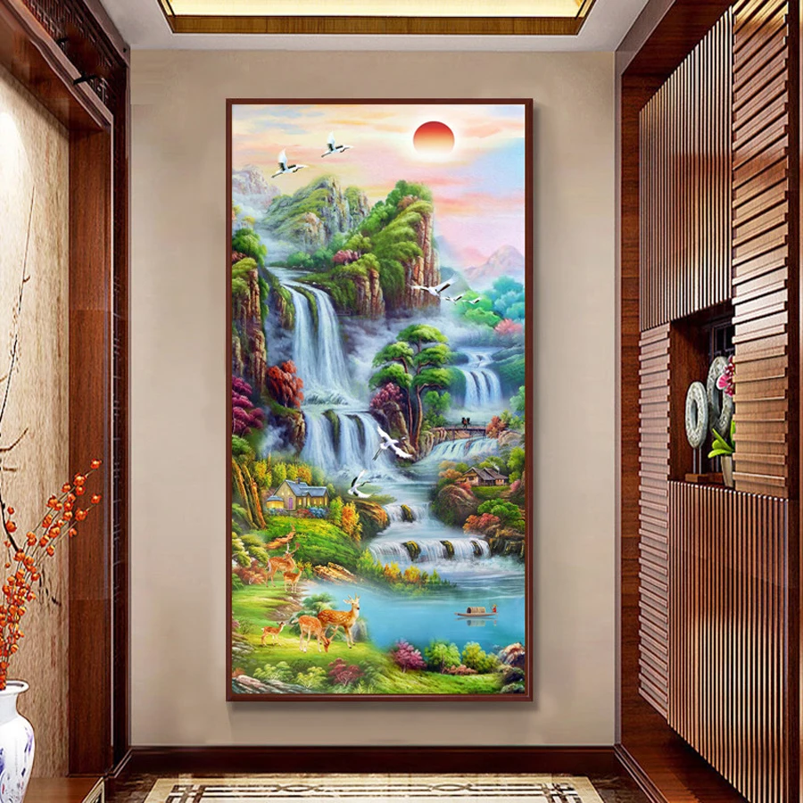 

diy 5d diamond painting large sunrise waterfall full square round drill mosaic embroidery crane natural scenery wall arts AA2873