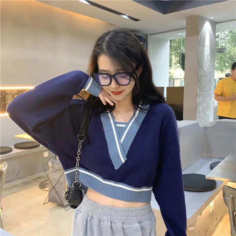 

Korean Sweet V-neck Short Sexy Women Sweaters Pullovers Harajuku Autumn Winter Stitching Color Knitted Sweater Vintage Sweaters