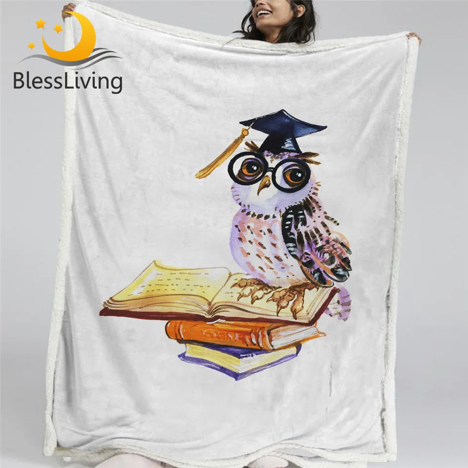 

BlessLiving Wise Owl Sherpa Blanket Watercolor Bird Blankets For Beds Books Education Pattern Plush Blanket White Custom Blanket
