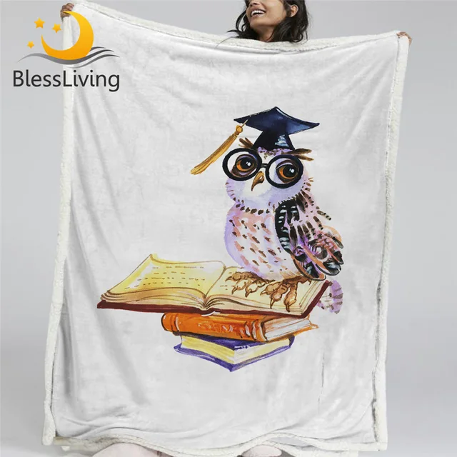 BlessLiving Wise Owl Sherpa Blanket Watercolor Bird Blankets For Beds Books Education Pattern Plush Blanket White Custom Blanket 1