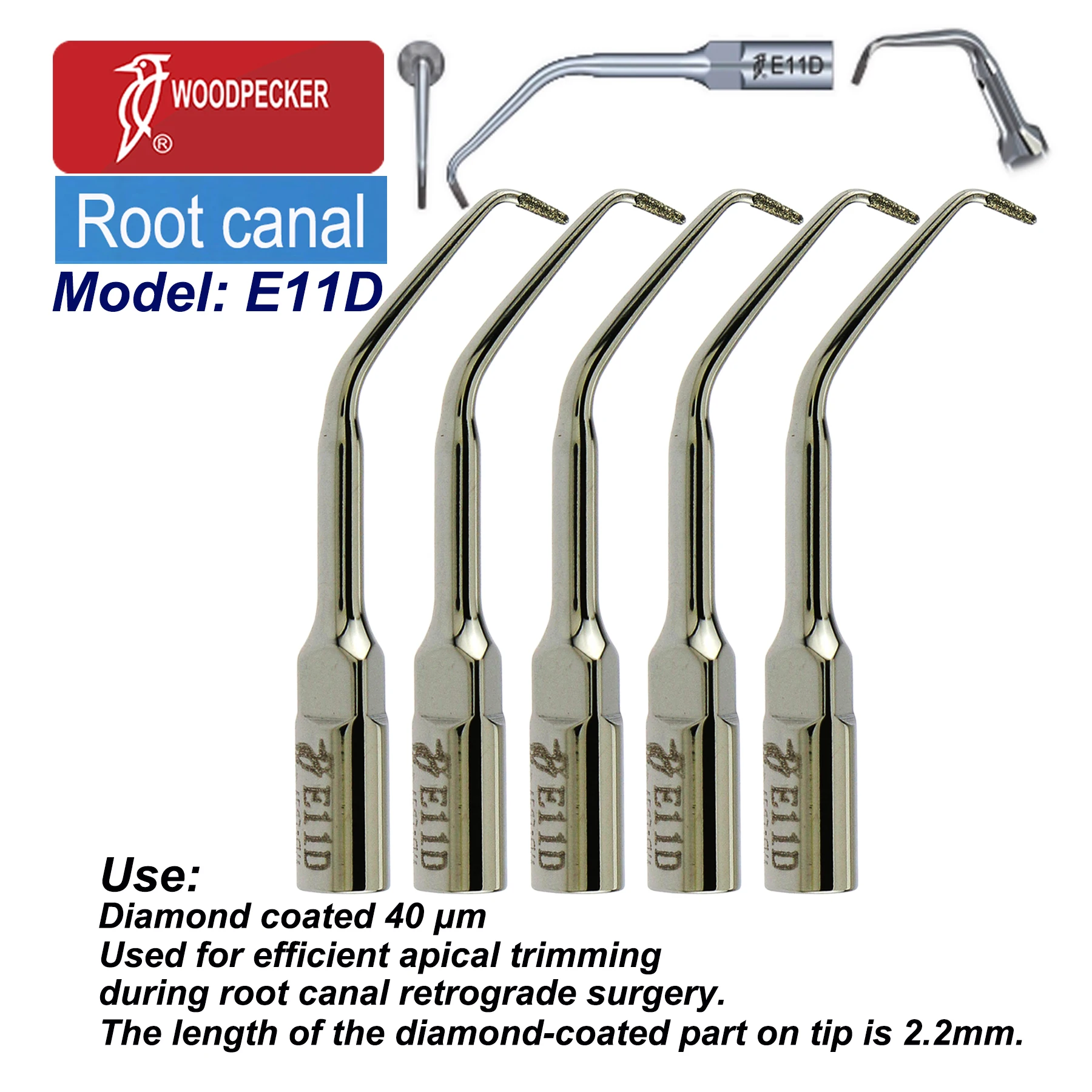 5pcs Woodpecker Dental Ultrasonic Scaler Tips Diamond Coated Root Canal Surgery Efficient Apical Trimming Fit UDS EMS E11D