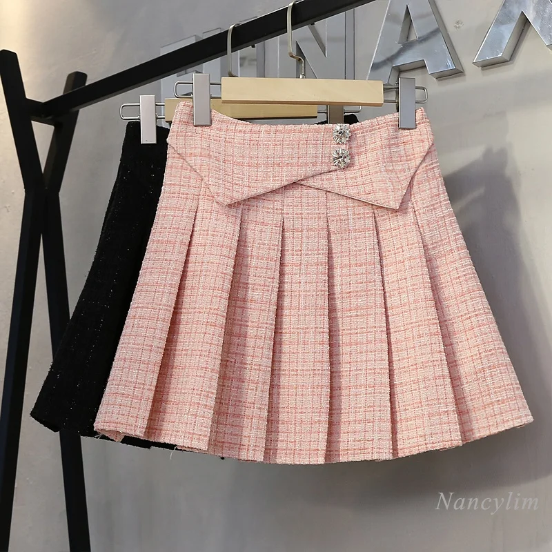 

Pink Tweed Skirt Women Pleated Autumn and Winter 2021 New Preppy Style Temperament High Waist Slimming Woolen Skirts Sweet Girl