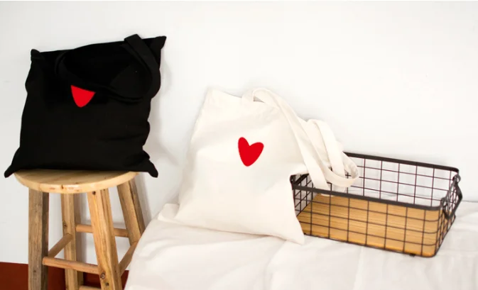 Embroidered Red Heart Pattern Canva Shopping Bags Eco Reusable Foldable Zipper Tote Shopper Bag | Багаж и сумки