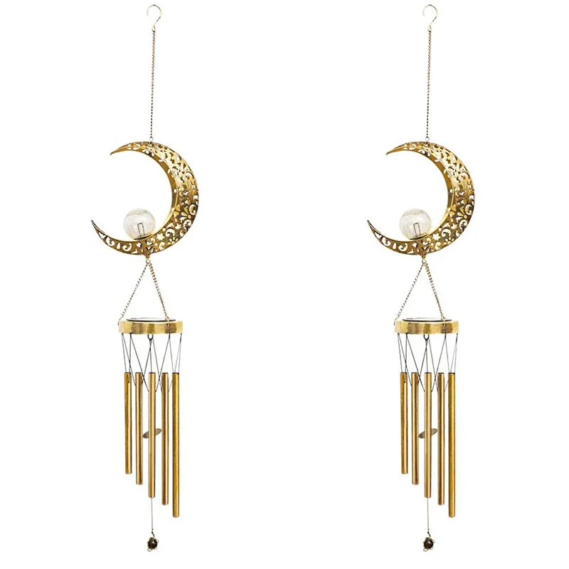 

Hanging Garden Solar Lights Wind Chimes Outdoor Retro Brass Metal Moon Crackle Glass Globle Warm LED Moon Lights- 2 Pack