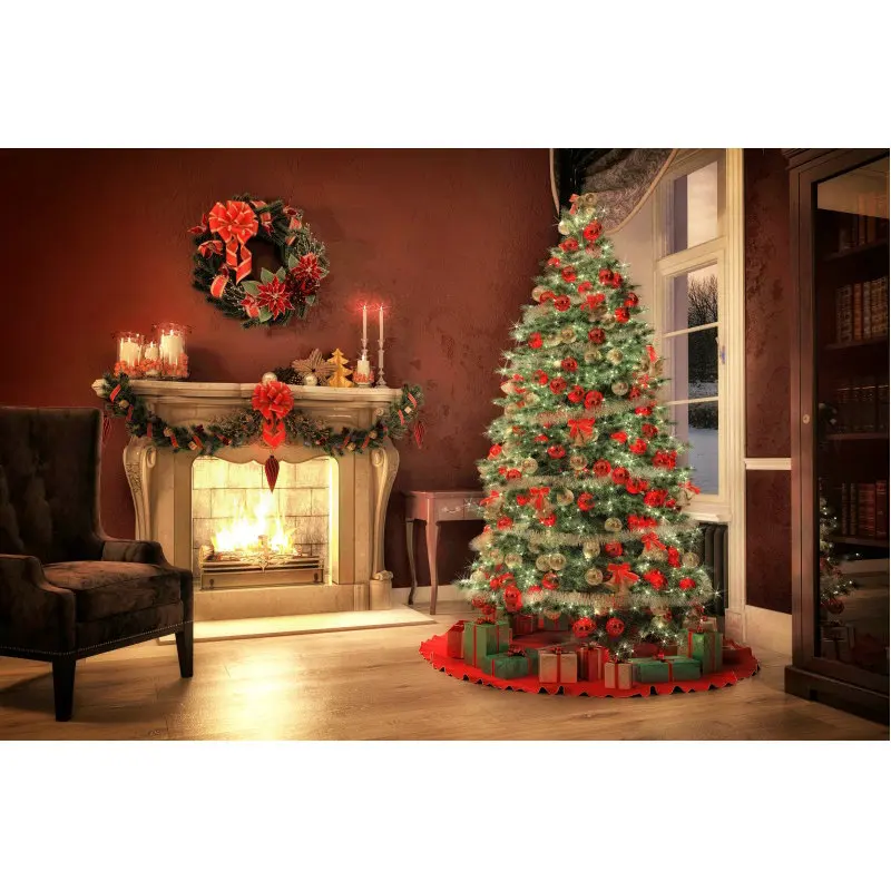 

Christmas Backdrop Xmas Tree Warm Fireplace Wreath Photography Background Family New Year Party Decor Photo Booth Studio Prop