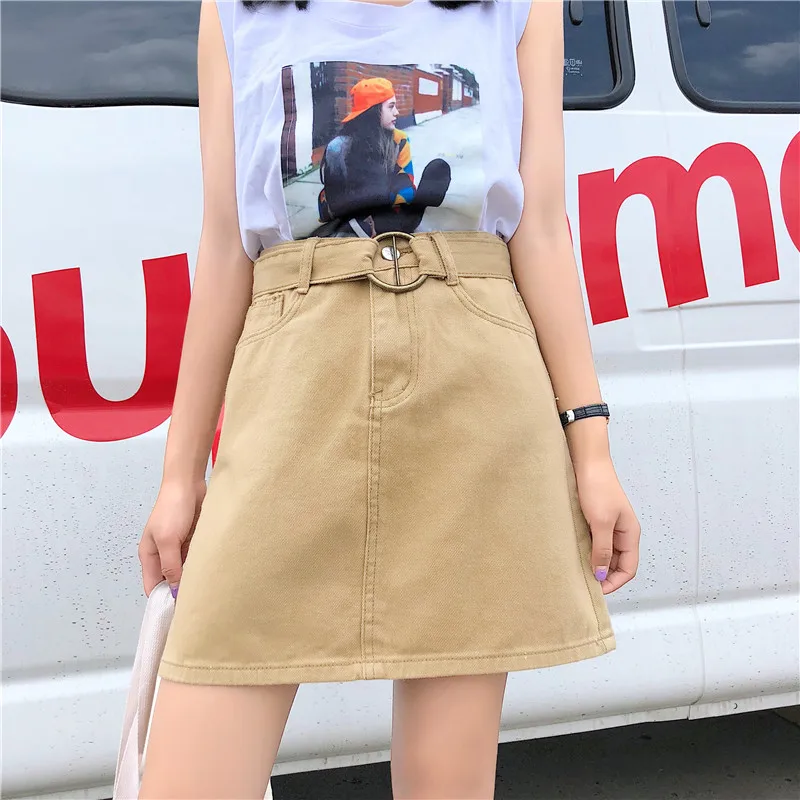 Юбка женская летняя универсальная однотонная в студенческом стиле с поясом