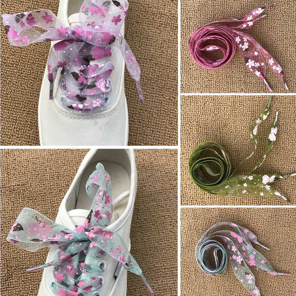 

1Pair 110cm Fashion Organza Ribbon Sport Shoes Lace Sneakers Bowknot Flat Shoelaces Sport Casual Laces Women Printing shoe Lace