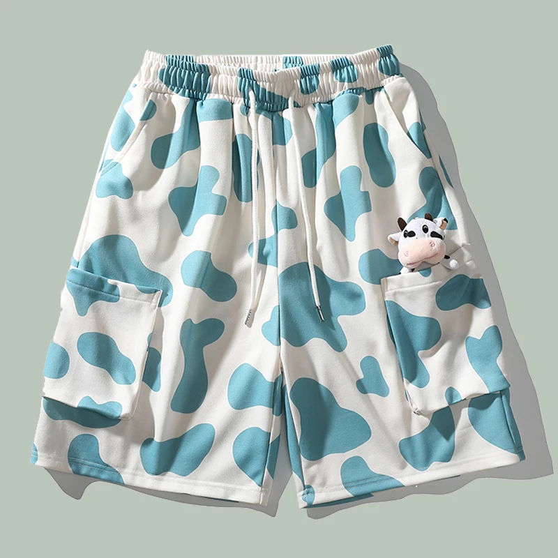 

Black White Cows Print Camouflage Couple Shorts Men Hip Hop Cow Doll Pocket Sweatpants Japane Harajuku Streetwear Jogger Shorts