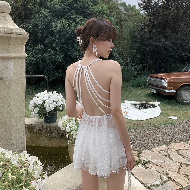 

new fairy fan lace veil type conjoined cover the belly show thin and sexy backless holiday hot spring bathing suit