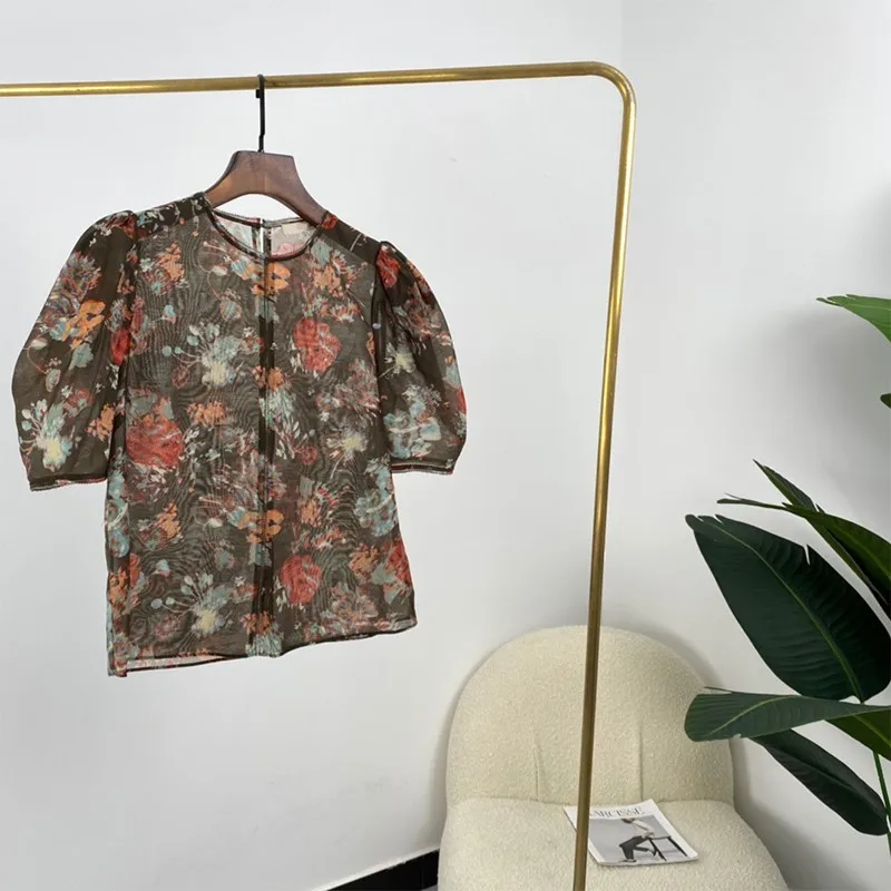 

Short Puff Sleeve Silk Cotton Floral Blouses 2021 Summer New Arrival Top Quality Ladies Elegant Designer Tops