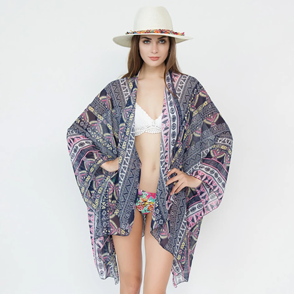 Egypt Style Beach Cover Up Women Plus Size Sun Protection Chiffon Kimono Cardigan Geometric patterns Bikini Cover Up