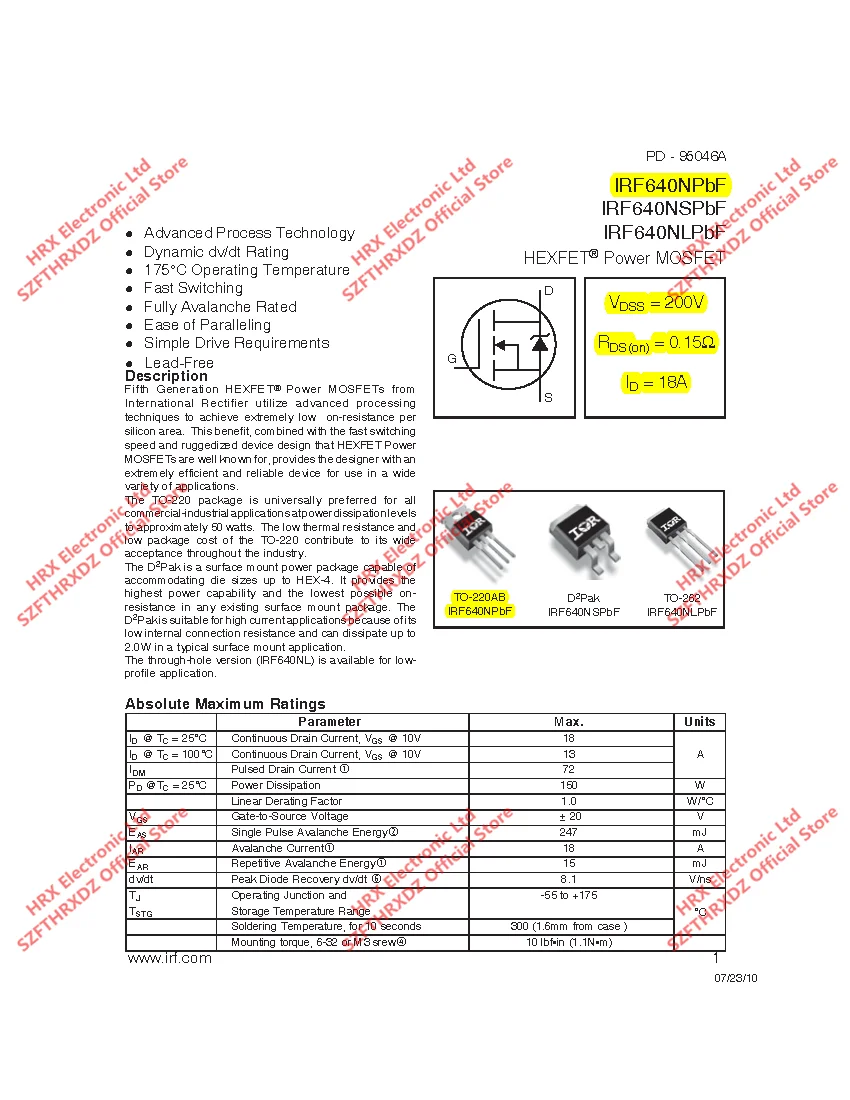 100% Новый оригинальный IRF640NPBF TO220 IRF640N TO 220 MOSFET 200V 18A 150mOhm 50 шт./трубка (10 шт.)|Индукторы|