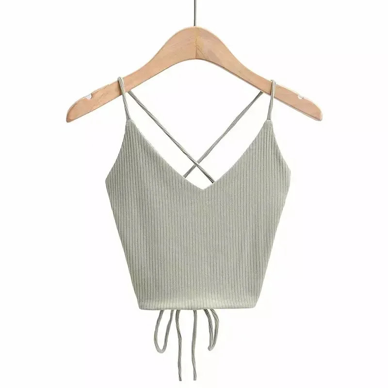 

2021 Sexy Knitted Crop Tops Slim Fit Spaghetti Strap tanke Top Off Shoulder Sleeveless Camisole Solid Color Versatile Camis