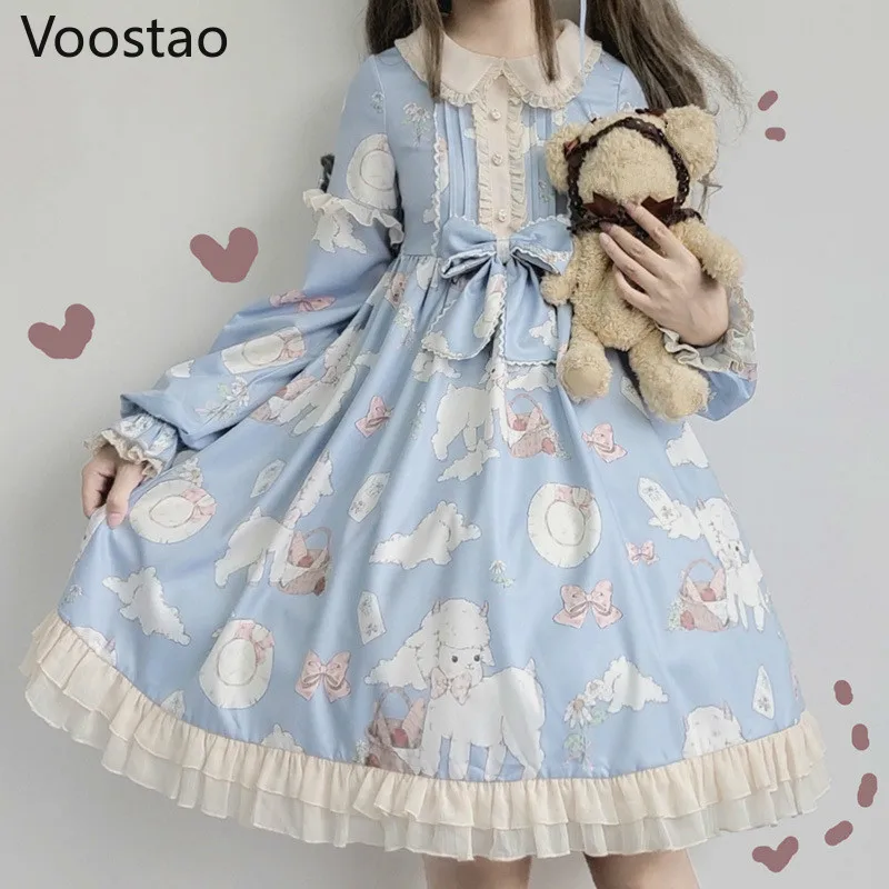 

Japanese Sweet Lolita Op Dress Soft Girl Vintage Cute Lamb Print Princess Dress Women Kawaii Lace Ruffles Bow Tea Party Dresses