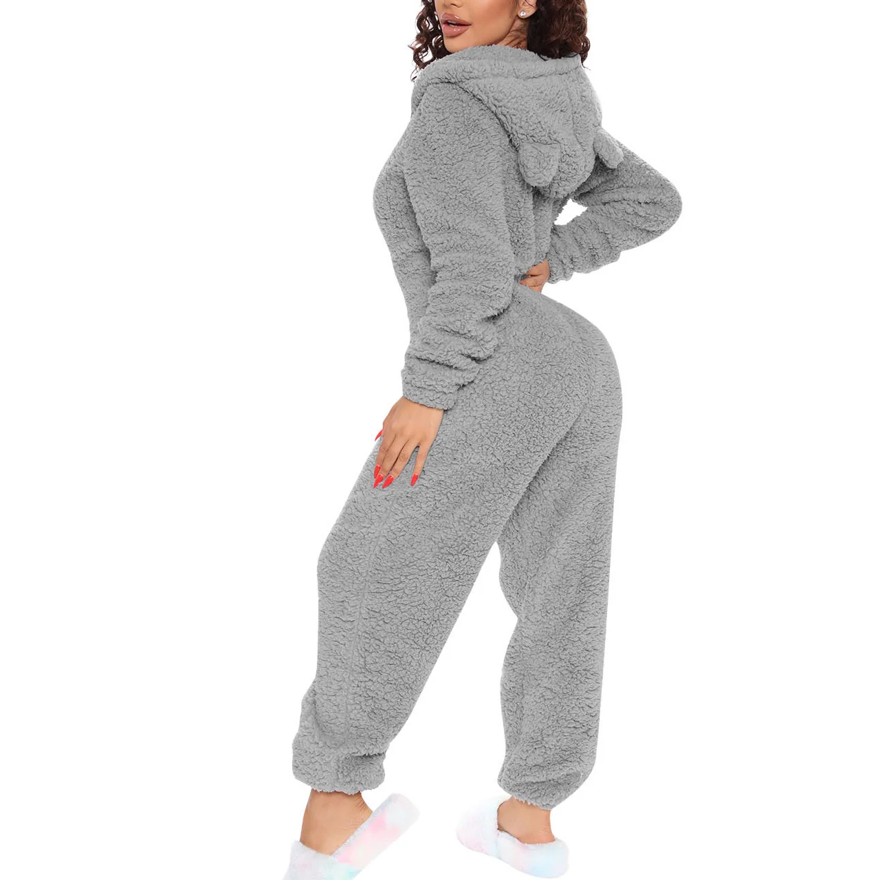 Autumn And Winter One-Piece Pajamas Solid Color Plush Hooded Long-Sleeved Warm Home Jumpsuit With Ears Plus Size For Woman