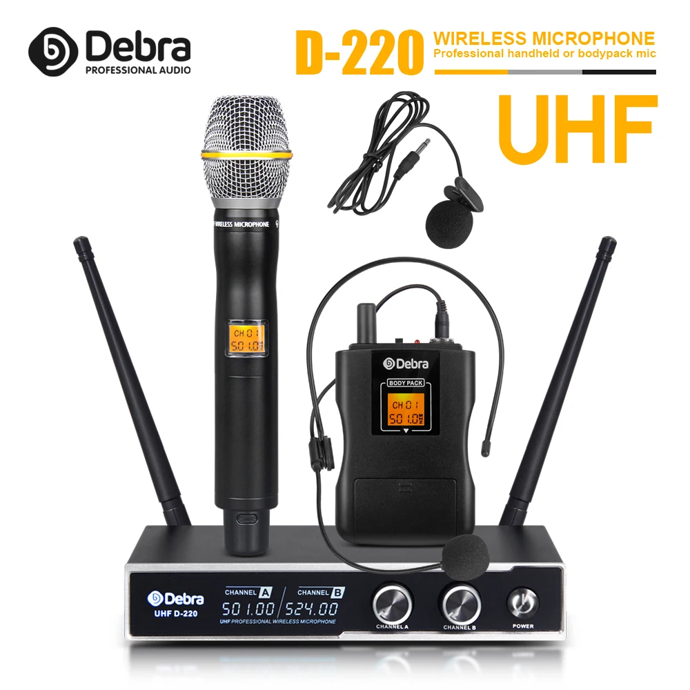 Хороший звук! Debra аудио D-220 2 канала с ручной или петличный и гарнитура микрофон УВЧ Беспроводная микрофонная система для караоке