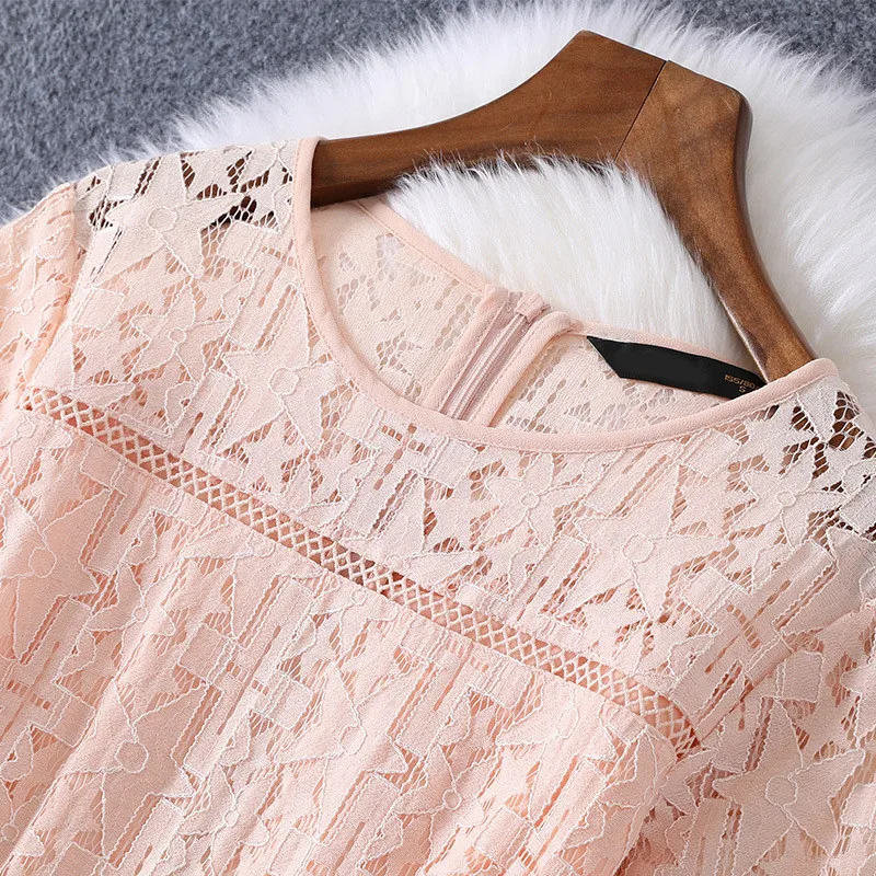 

Spring Runway Designer Hollow Lace Patchwork Pleated Dress Party Festa Woman Clothes Celebrity Prom Robe Femme Princess Vestidos