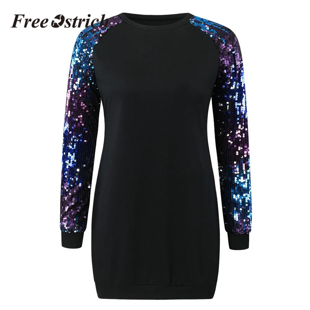 Free Ostrich Fashion Women Harajuku Sweatshirt Autumn Winter Sequins Long Sleeve Black Female Pullover Loose Dresses | Женская одежда