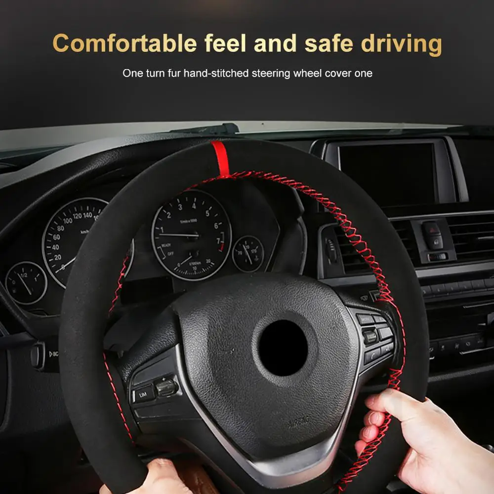 

Hight Quality Suede Material Car Steering Wheel Cover 38cm Sweat-Absorbent Anti-Slip Hand Sewing Braid Thread