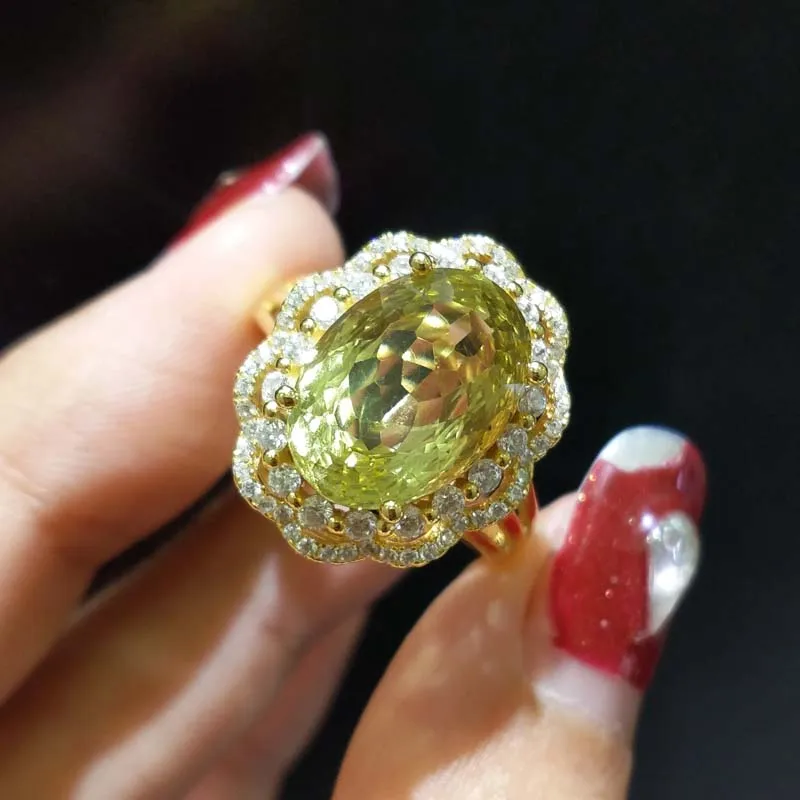FLZB, натуральный lemon кварцевые OV 10*14 мм 8.5ct в 925 стерлингового серебра с 18 карат желтое позолоченное кольцо с овальной вставкой из kольцо в форме цветка для женщин вечерние