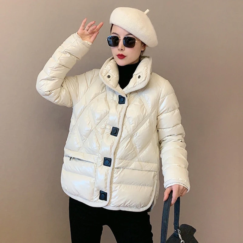 

White Duck Down Coat 2022 New Winter Women Gloss Puffer Jacket Female Thicken Warm Long Sleeve Loose Oversize Solid Lady Outwear