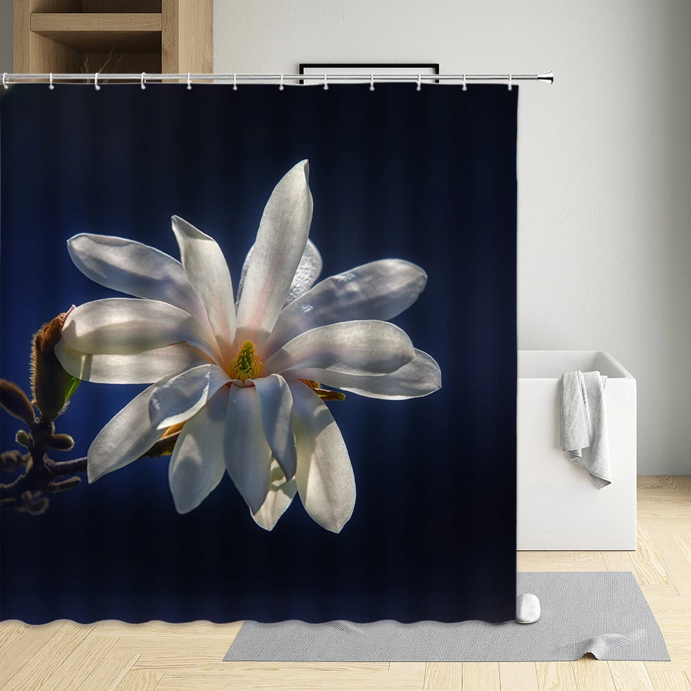 

Shower Curtain white flower Modern Eco-Friendly Fabric Polyester Waterproof Cloth Bathtub Decor Bath Screen With Hooks