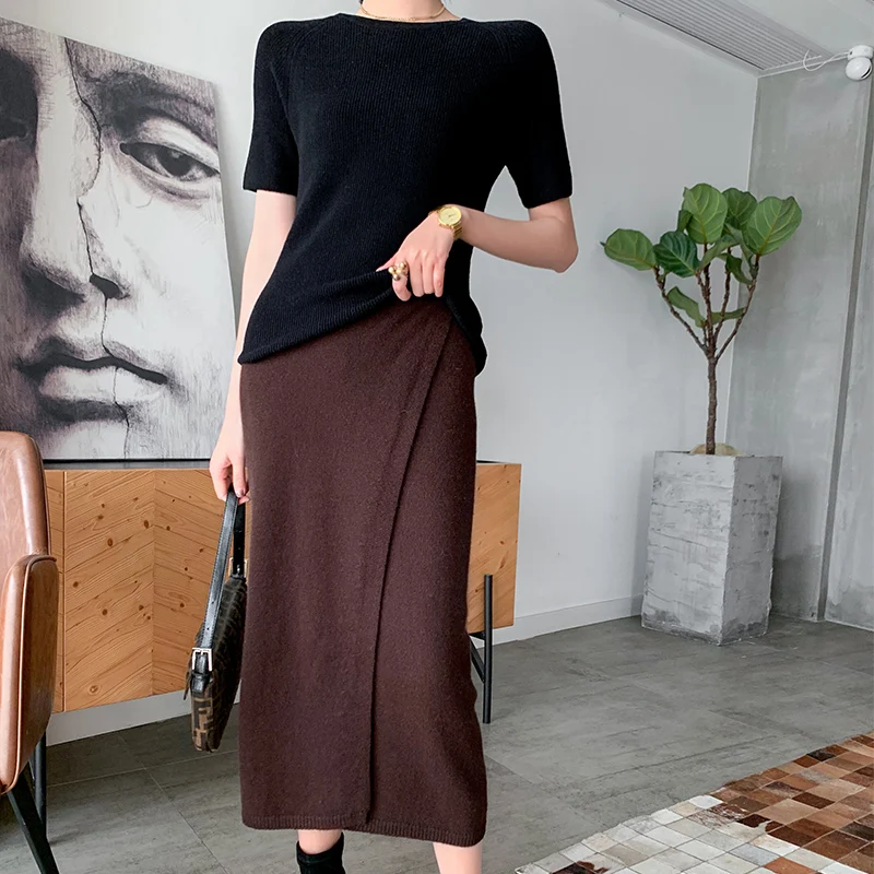 CBF 2020 Latest style Women's Knitted Pure wool Skirt Checker color Fork opening Soft and high quality Tight fitting skirt | Женская
