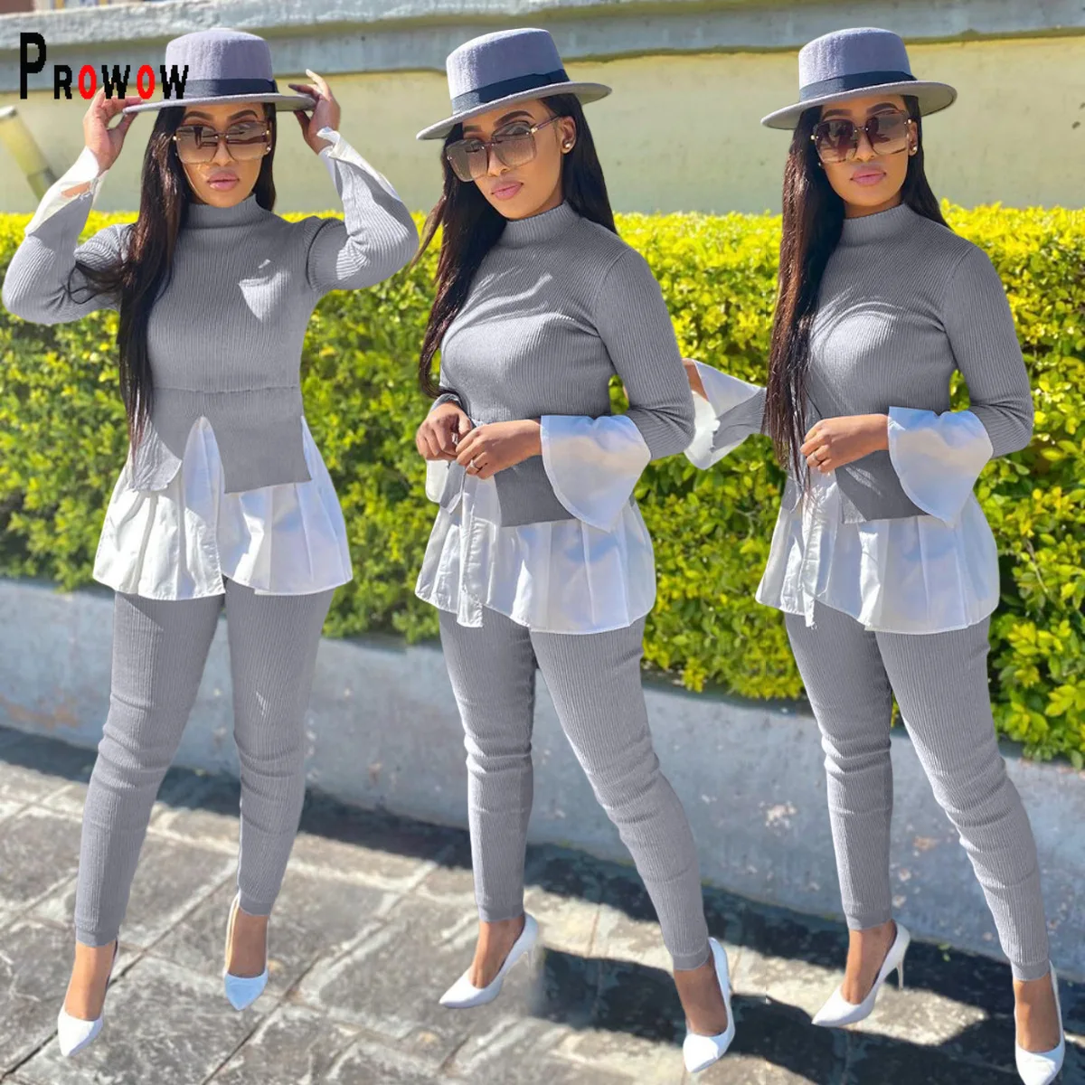 

Prowow Office Lady Clothing Set Flare Sleeve Ruffle Corset Tops Pant Two Piece Matching Suits Gray Color Slim Women Outfits