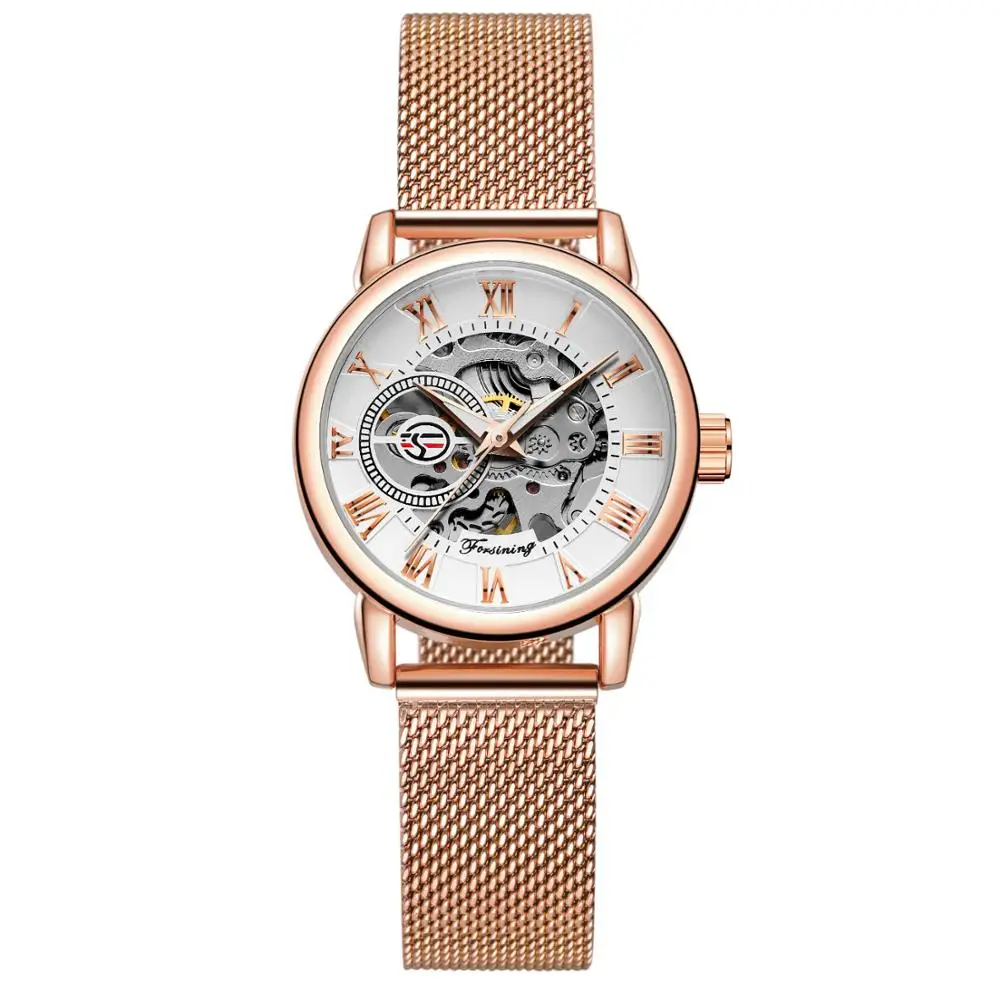 

FORSINING Fashion Skeleton Punk Mechanical Watch Women Exquisite Small Dail Mesh Strap Luminous Hands Ladies Clock Montre Femme