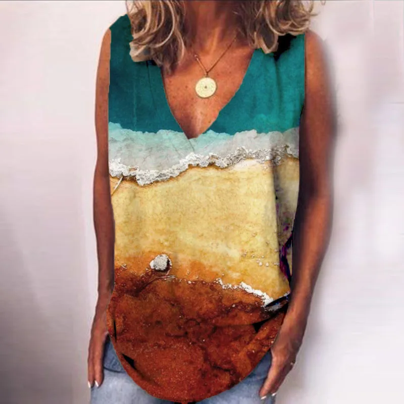 

2021 Summer Wave Beach Print T-shirt V-neck Sleeveless Gradient Ladies Camisole Fashion Plus Size Women's Clothing