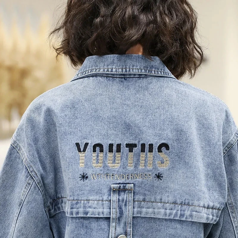 

Korea Style Embroidery Short Jeans Jacket Spring Autumn Long Sleeve Turndown Collar Denim Top Fashion Casual Slim Surcoat Women