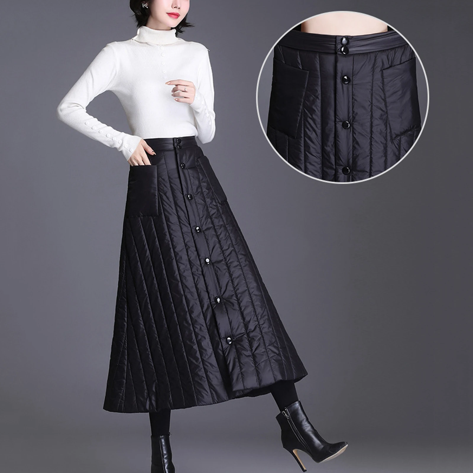 

Women Down Cotton Long Padded Quilted Skirt Button Up A-line Winter Dress