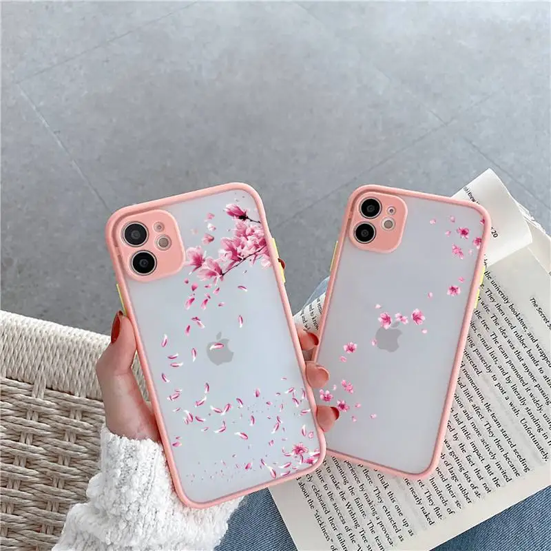 

Cute flower Bumper Girl petals Phone Case For iPhone 12 11 Mini Pro XR XS Max 7 8 Plus X Matte transparent Pink Back Cover