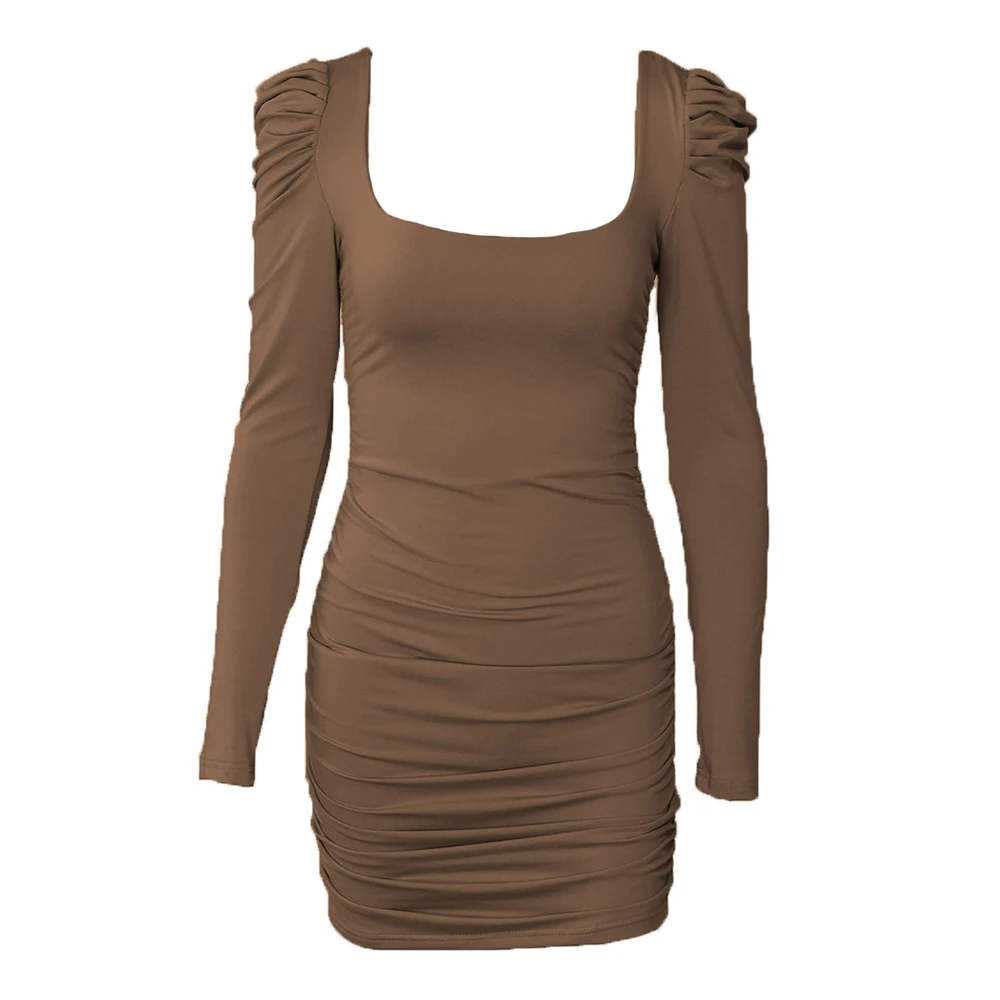 

TIESOME Puff Sleeve Dress Sexy Slim Women Dresses 2021 Spring Summer Square Collar Mini Dress Female Solid Folds Dresses Party