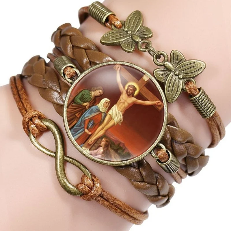Комбинированный Кожаный браслет христианский католический крест Иисус Дева Mary с