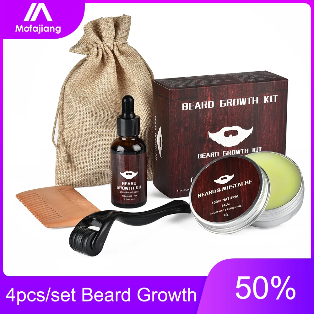 

4pcs set Barbe Beard Growth Kit Essence Oil Enhancer Nourishing Balm Hair Conditioner set with Comb Roller Facial Care Men