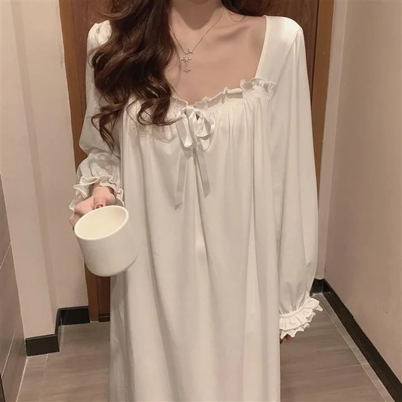 QWEEK Princess Nightdress Women Autumn Long Nightgown Lace Sleepwear Long Sleeve Nightwear White Sleeping Dress Plus Size 3XL