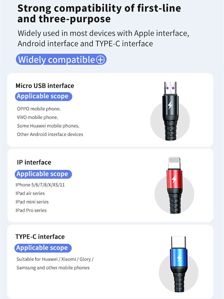 

Super Charge 3 in 1 USB Cable for Huawei for iPhone 12 11 Pro Max 3in1 2in1 Fast Charge 8 Pin Micro USB Type C Cable for Samsung