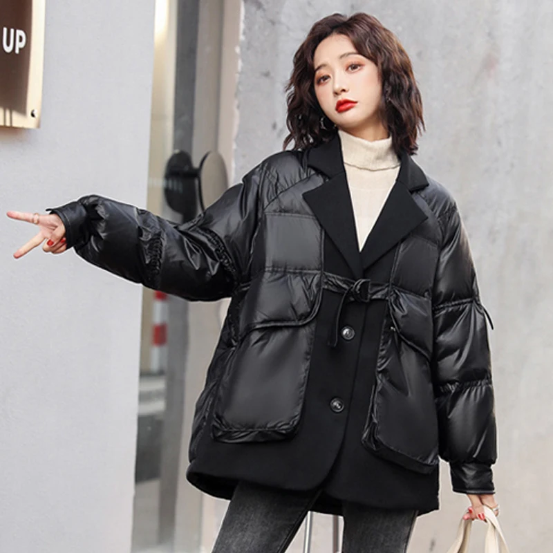 

2021 Winter New Fashion Women White Duck Down Coats Suit Style Puffer Female Jackets Short Stitching High Quality Ladies Outwear